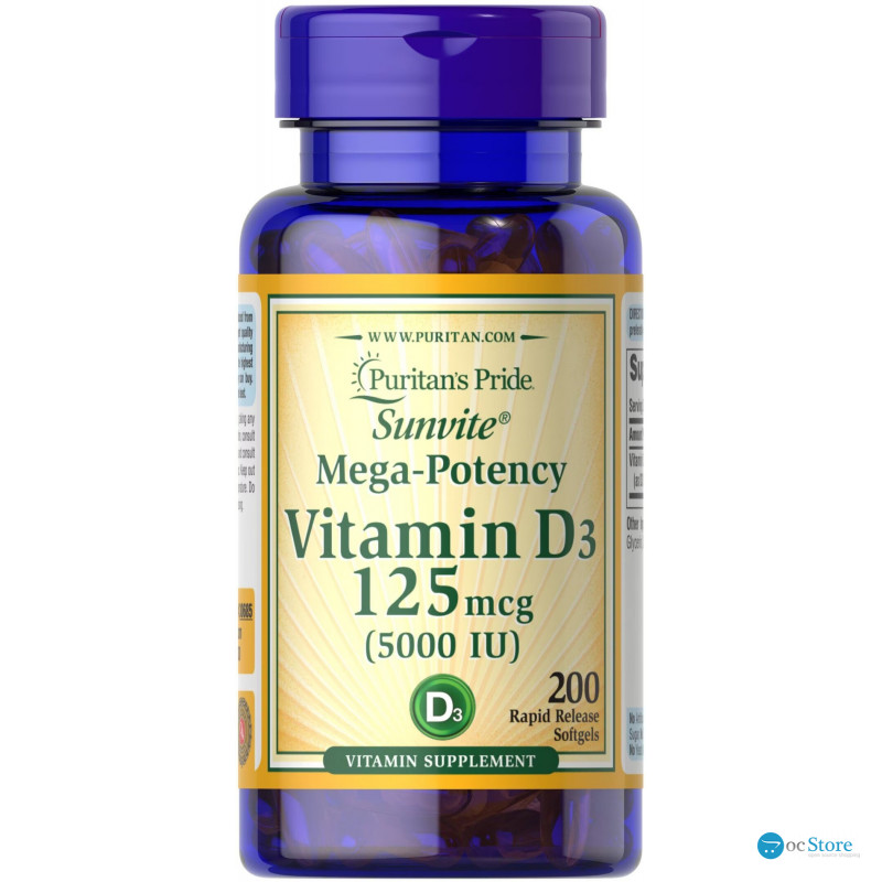 Вітамін D3, Vitamin D3, Puritan's Pride, 125 мкг (5000 МО), 200 капсул