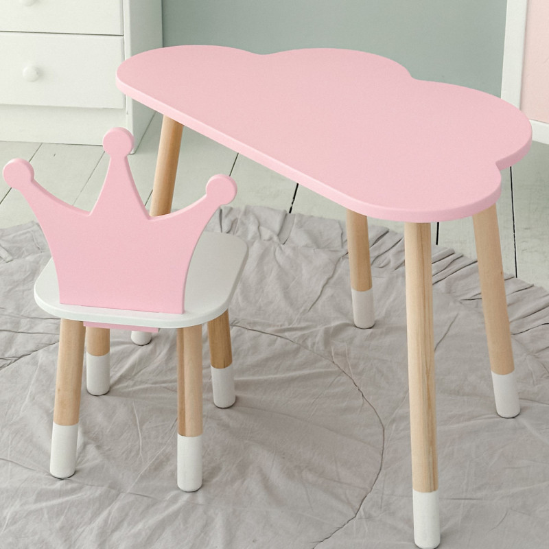 Стіл хмаринка 46х70х40 та стільчик коронка 26.5х26х25, дитячий столик та стілець для ігор/занять, рожевий з білим