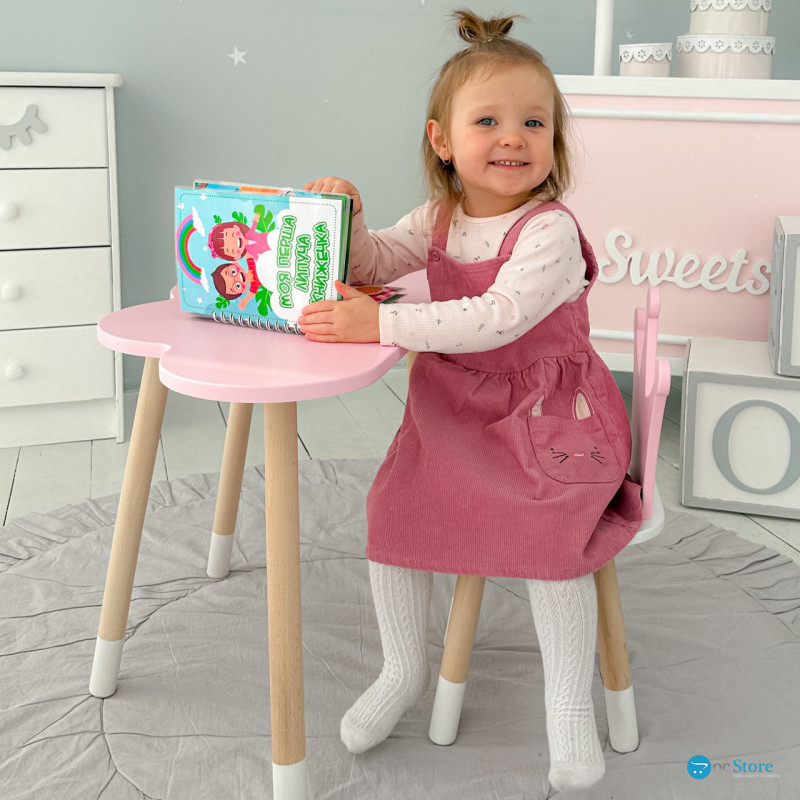 Стіл хмаринка 46х70х40 та стільчик коронка 26.5х26х25, дитячий столик та стілець для ігор/занять, рожевий з білим