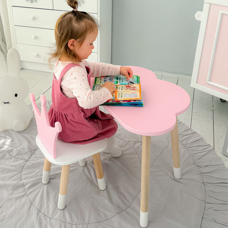 Стіл хмаринка 46х70х40 та стільчик коронка 26.5х26х25, дитячий столик та стілець для ігор/занять, рожевий з білим