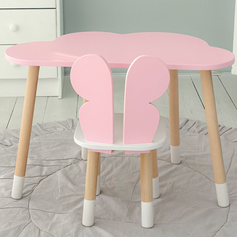 Стіл хмаринка 46х70х40 та стільчик метелик 26.5х26х25, дитячий столик та стілець для малювання/занять, рожевий з білим
