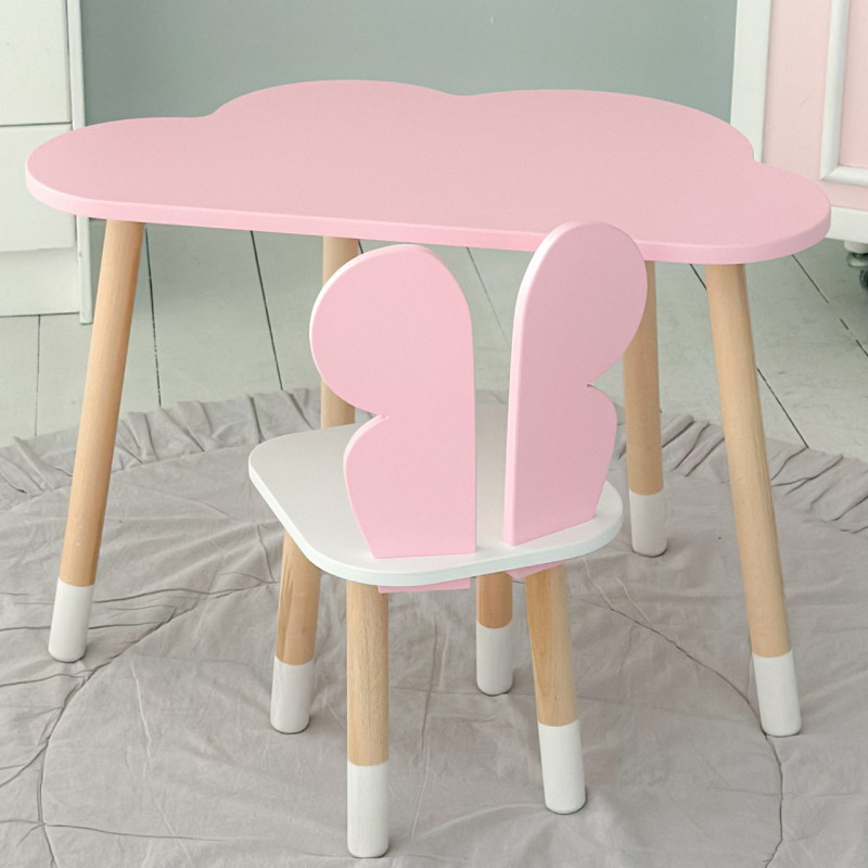 Стіл хмаринка 46х70х40 та стільчик метелик 26.5х26х25, дитячий столик та стілець для малювання/занять, рожевий з білим