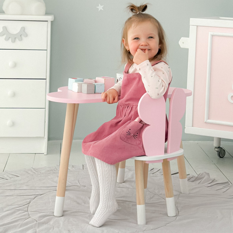 Стіл хмаринка 46х70х40 та стільчик метелик 26.5х26х25, дитячий столик та стілець для малювання/занять, рожевий з білим