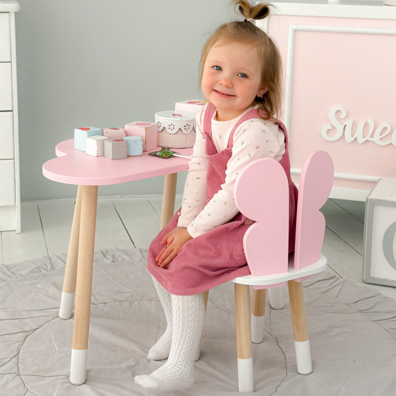Стіл хмаринка 46х70х40 та стільчик метелик 26.5х26х25, дитячий столик та стілець для малювання/занять, рожевий з білим
