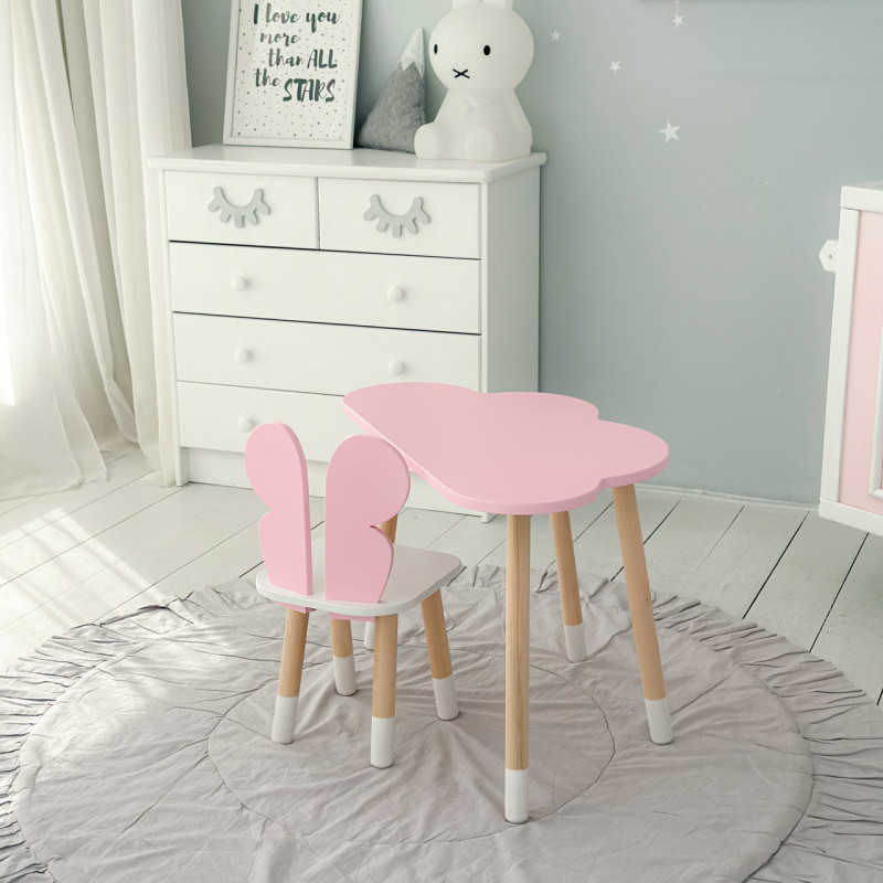 Стіл хмаринка 46х70х40 та стільчик метелик 26.5х26х25, дитячий столик та стілець для малювання/занять, рожевий з білим
