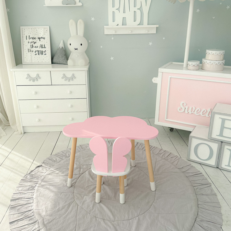 Стіл хмаринка 46х70х40 та стільчик метелик 26.5х26х25, дитячий столик та стілець для малювання/занять, рожевий з білим