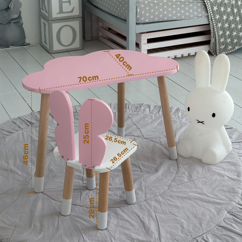 Стіл хмаринка 46х70х40 та стільчик метелик 26.5х26х25, дитячий столик та стілець для малювання/занять, рожевий з білим