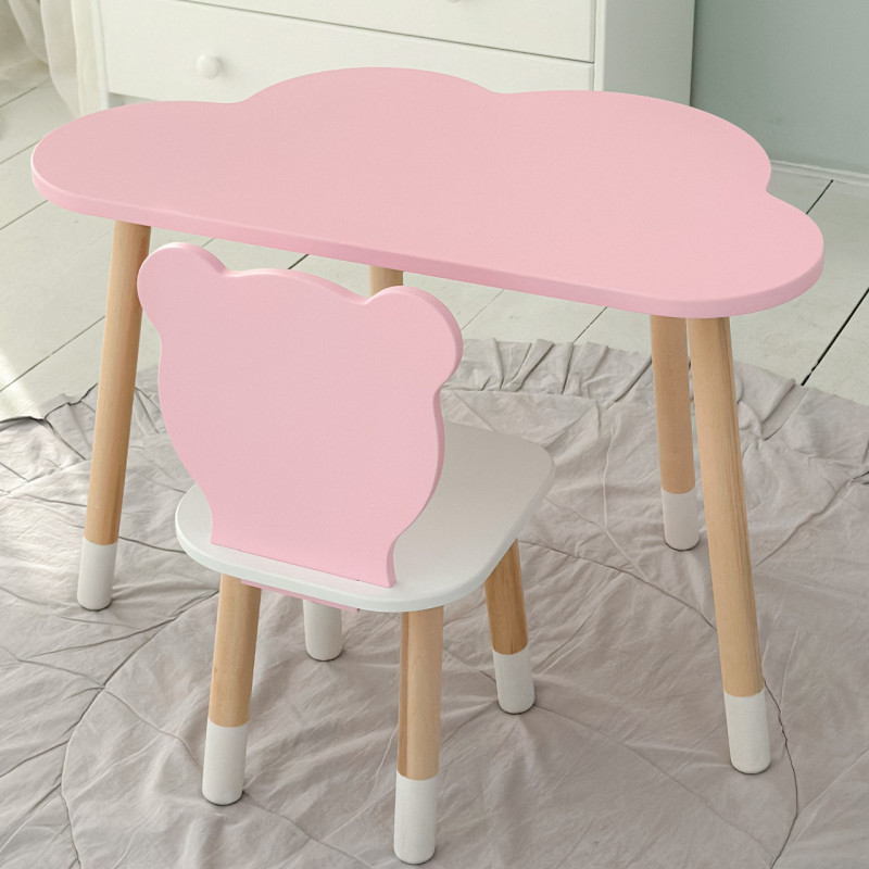 Столик хмарка 46х70х40 та стілець медведик 26.5х26х25, дитячий стіл та стільчик для малювання/занять, рожевий з білим