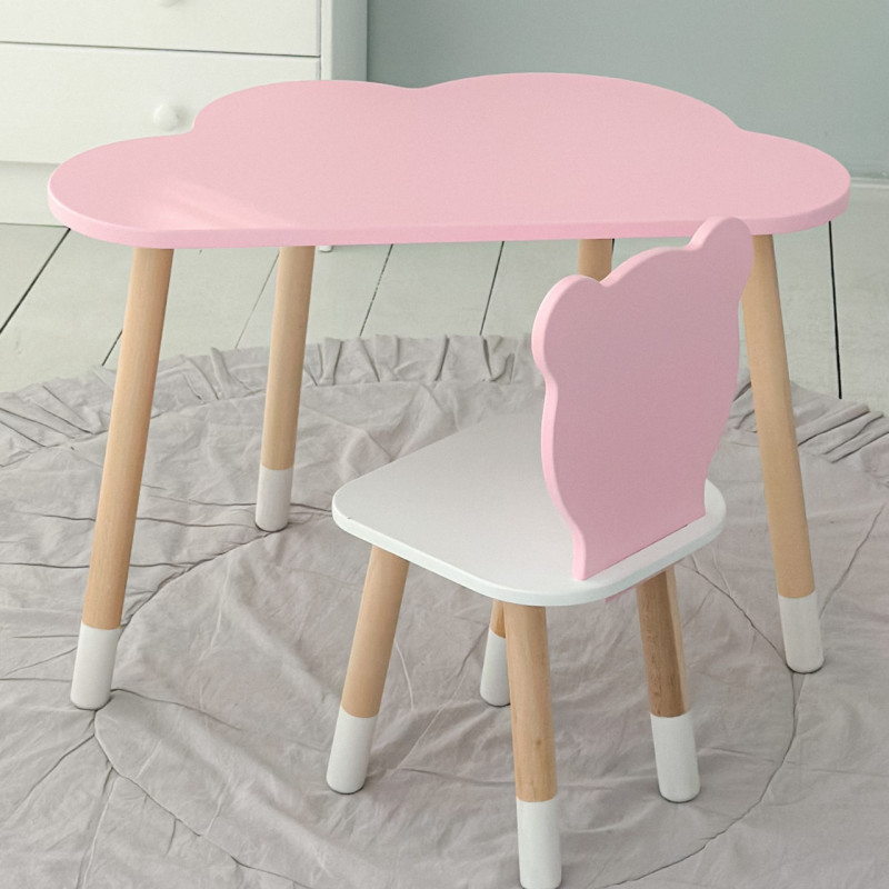 Столик хмарка 46х70х40 та стілець медведик 26.5х26х25, дитячий стіл та стільчик для малювання/занять, рожевий з білим
