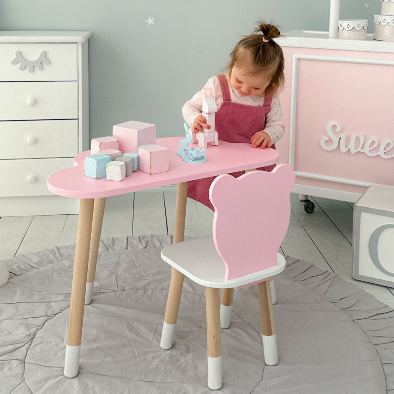 Столик хмарка 46х70х40 та стілець медведик 26.5х26х25, дитячий стіл та стільчик для малювання/занять, рожевий з білим