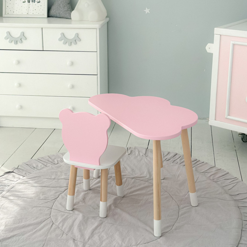 Столик хмарка 46х70х40 та стілець медведик 26.5х26х25, дитячий стіл та стільчик для малювання/занять, рожевий з білим