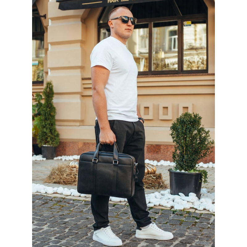 Чоловіча шкіряна класична сумка для ноутбука та документів 40x30x8, вмісткий портфель для паперів KL-63834, чорний