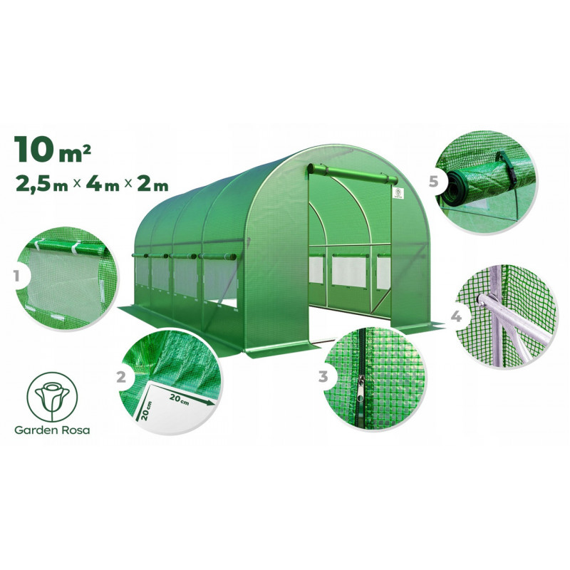Садова теплиця 10 м² (4 x 2,5 х 2 м) Зелена (Польща)