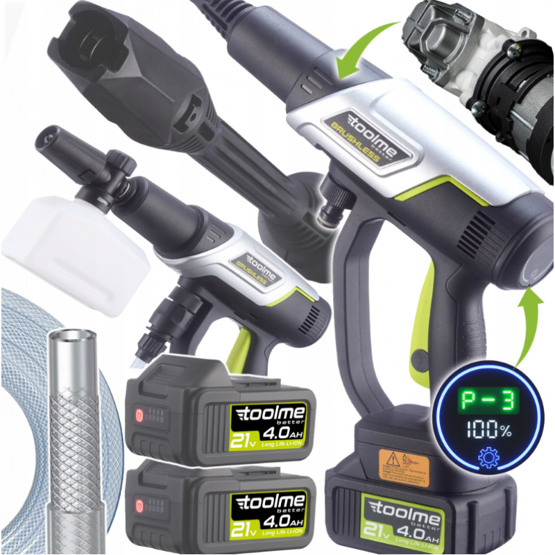 Акумуляторна мийка високого тиску Toolme TM280 PRO BRUSHLESS 450 Вт з алюмінієвою помпою, 2 АКБ 21В, піногенератор (Польща)