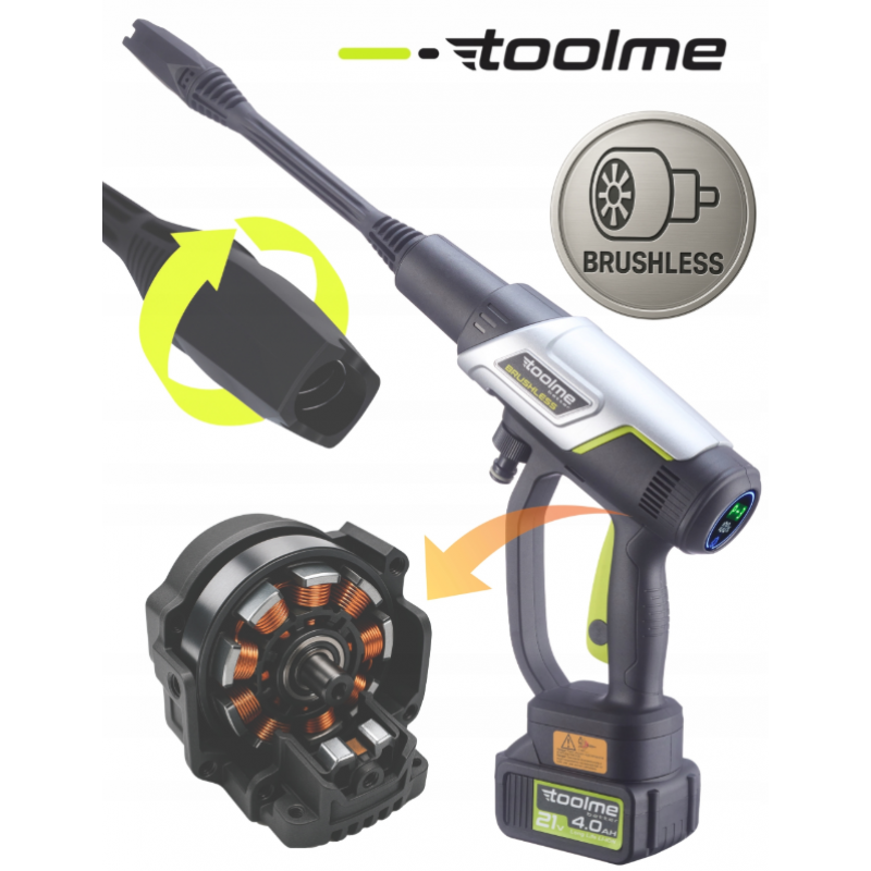Акумуляторна мийка високого тиску Toolme TM280 PRO BRUSHLESS 450 Вт з алюмінієвою помпою, 2 АКБ 21В, піногенератор (Польща)