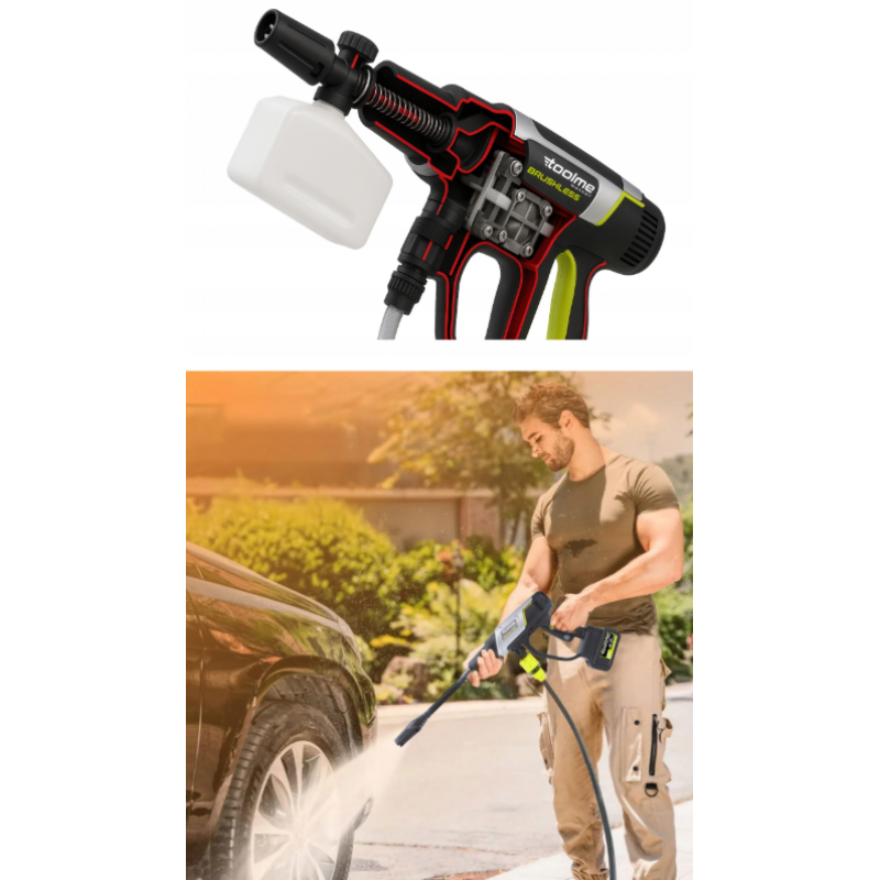 Акумуляторна мийка високого тиску Toolme TM280 PRO BRUSHLESS 450 Вт з алюмінієвою помпою, 2 АКБ 21В, піногенератор (Польща)