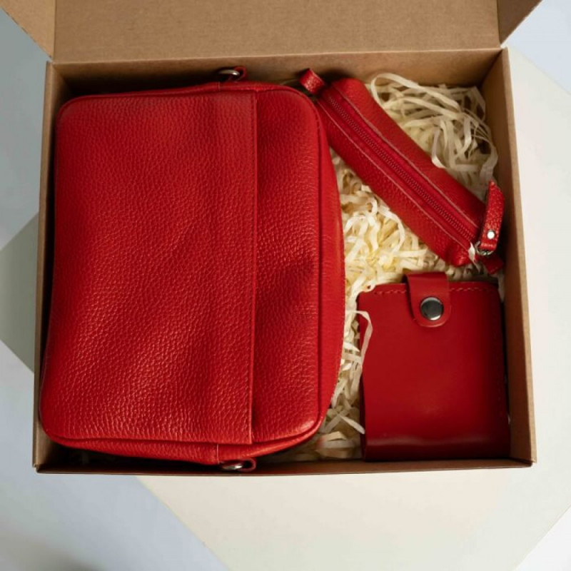 Жіночий набір ЦЕ ВСЕ ТОБІ з сумки Джорджія, гаманця Біфолд та ключниці в червоному кольорі