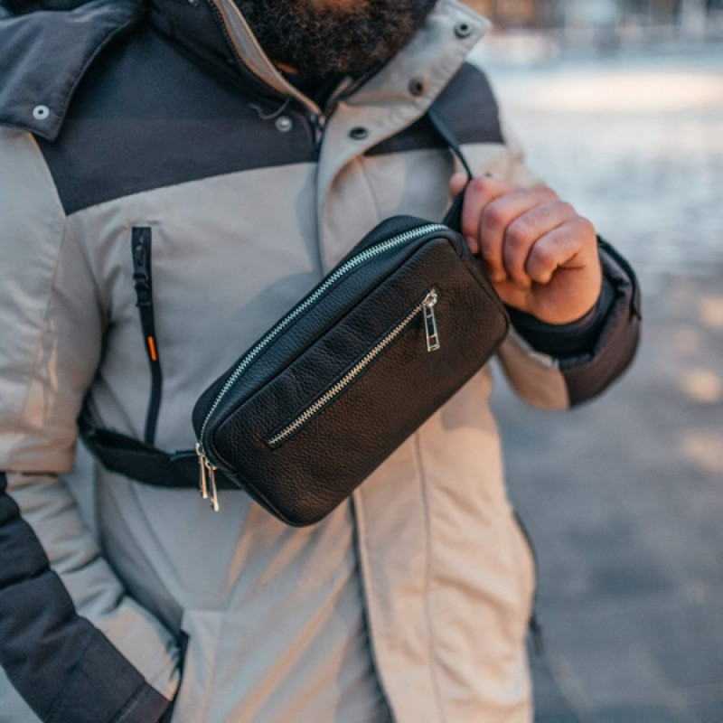 Чоловіча шкіряна чорна сумка на пояс бананка Кентукки