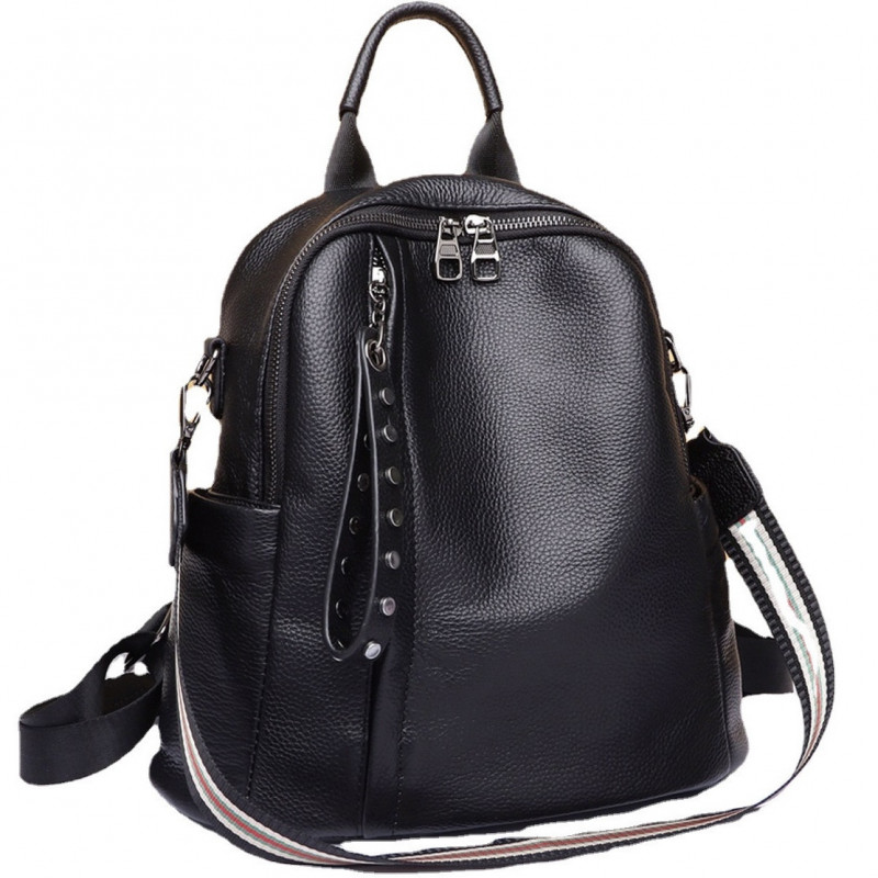 Шкіряний класичний жіночий рюкзак 26х32х15, наплічна сумка з багатьма відділеннями, чорна