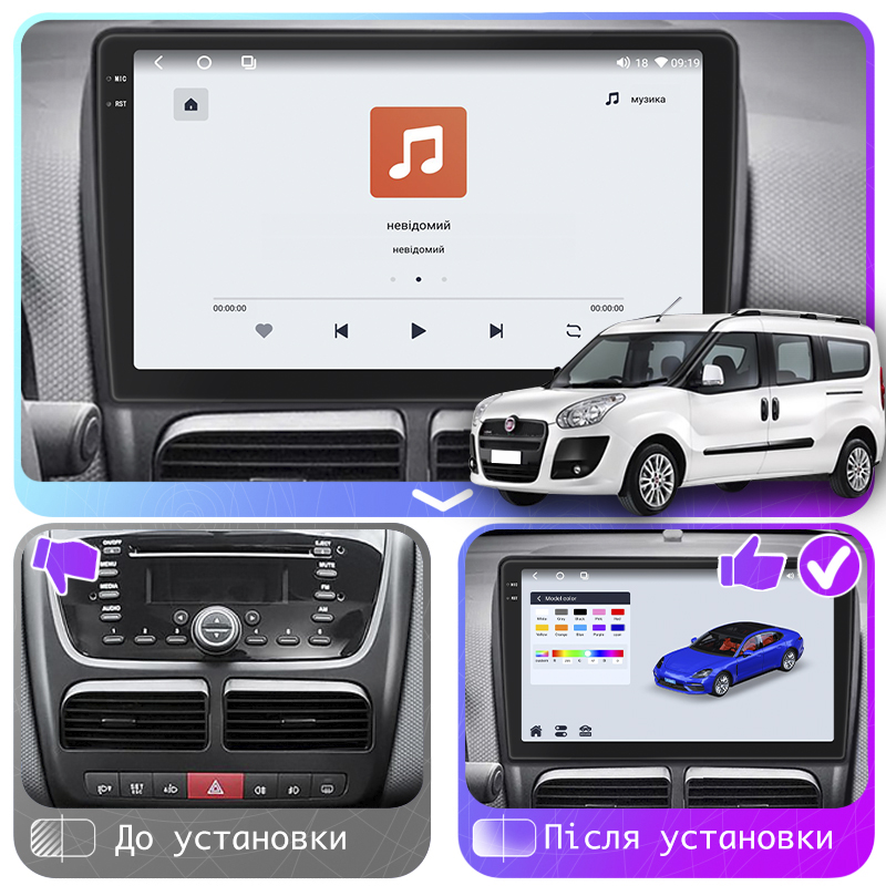 Штатная магнитола Lesko для Fiat Doblo II 2009-2015 экран 10" 4/64 QLED CarPlay 4G Wi-Fi GPS 360 Prime