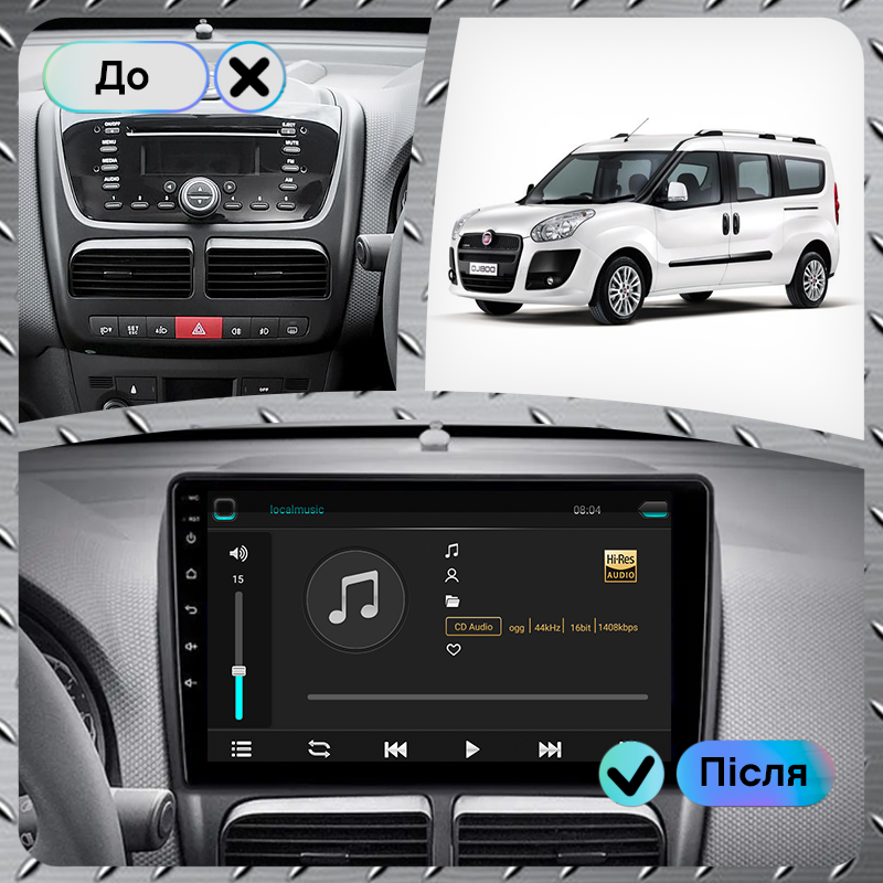 Штатная магнитола Lesko для Fiat Doblo II 2009-2015 экран 10" 4/64Gb 4G Wi-Fi GPS Top