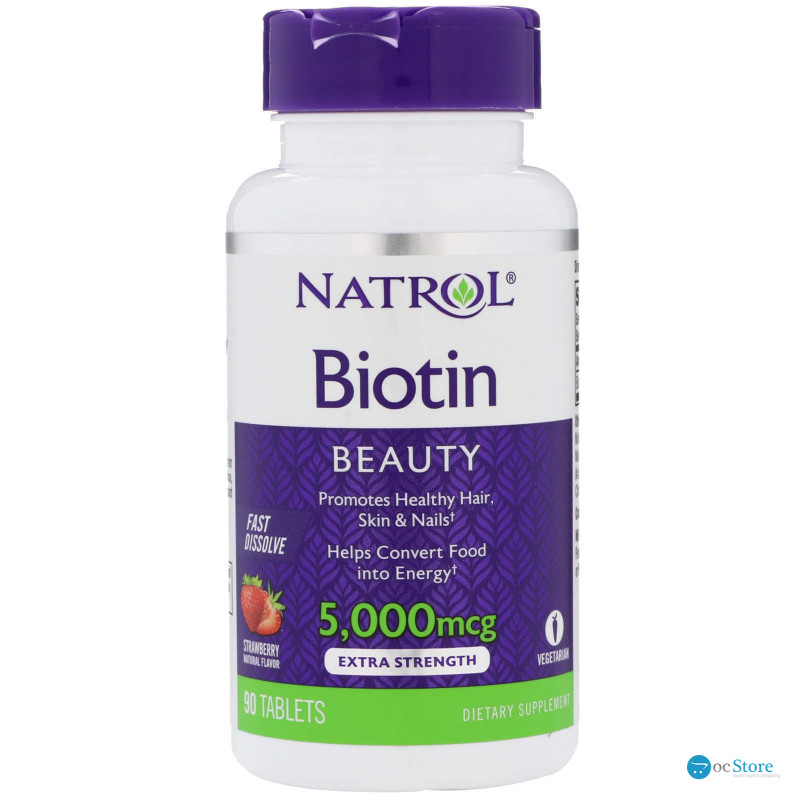 Біотин, Biotin, смак полуниці, Natrol, 5000 мкг, 90 таблеток