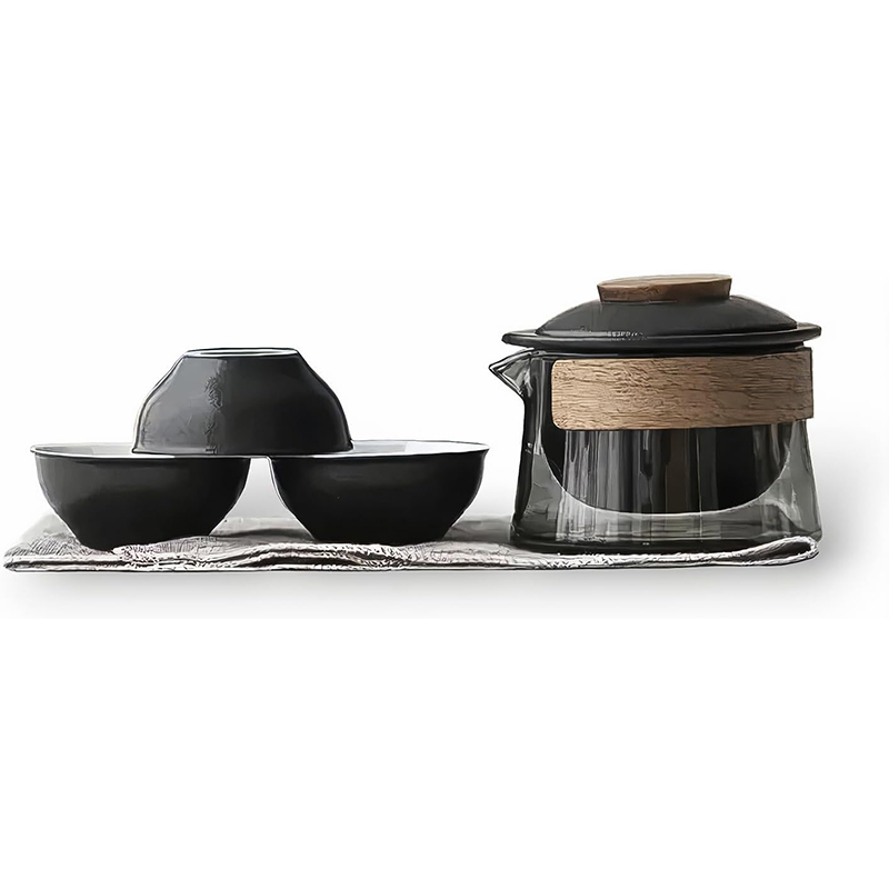 Дорожный чайный набор HR-068 заварник 240 ml стеклянный + 3 пиалы с чехлом Black