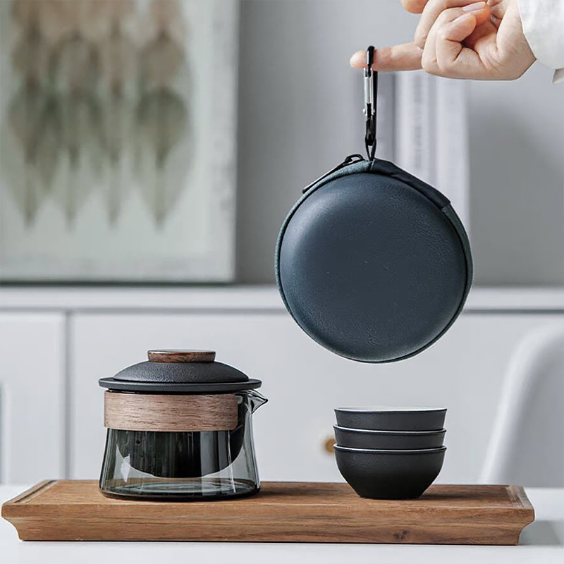 Дорожный чайный набор HR-068 заварник 240 ml стеклянный + 3 пиалы с чехлом Black