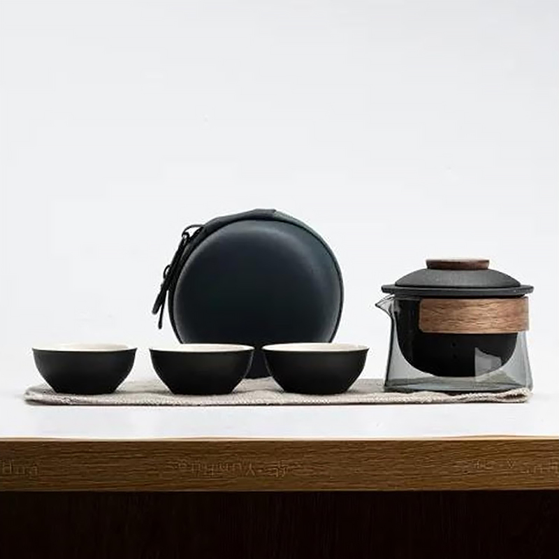 Дорожный чайный набор HR-068 заварник 240 ml стеклянный + 3 пиалы с чехлом Black