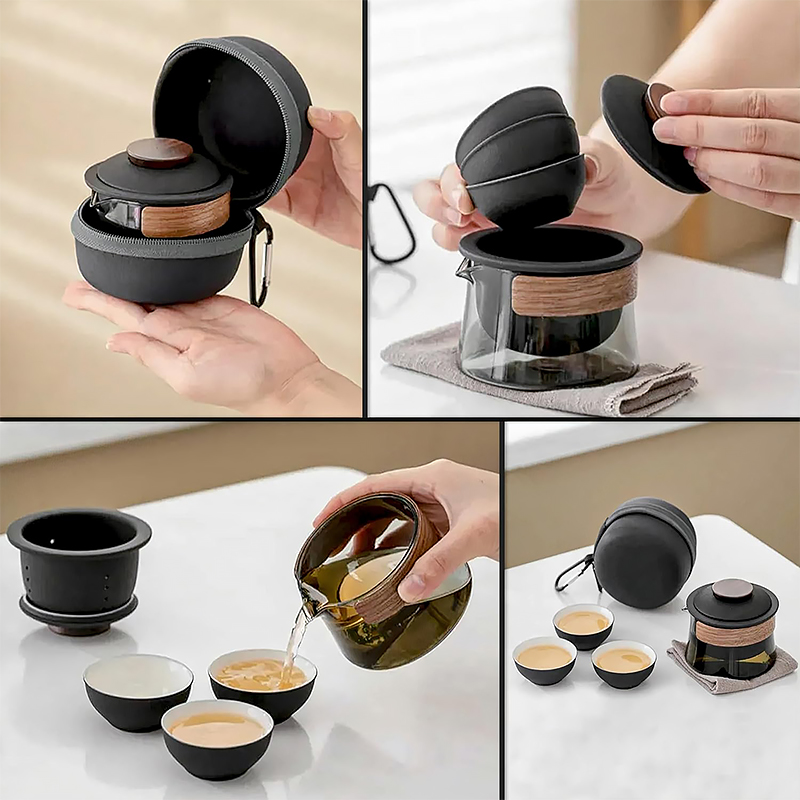 Дорожный чайный набор HR-068 заварник 240 ml стеклянный + 3 пиалы с чехлом Black