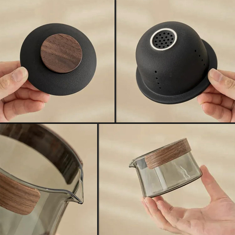 Дорожный чайный набор HR-068 заварник 240 ml стеклянный + 3 пиалы с чехлом Black