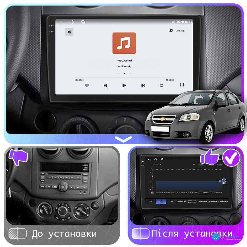 Штатная магнитола Lesko для Chevrolet Aveo I Рестайлинг 2006-2012 экран 9" 4/64 QLED CarPlay 4G Wi-Fi GPS 360 Prime