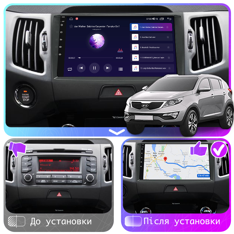 Штатная магнитола Lesko для Kia Sportage III Рестайлинг 2014-2016 экран 9" 4/64Gb CarPlay 4G Wi-Fi GPS Prime