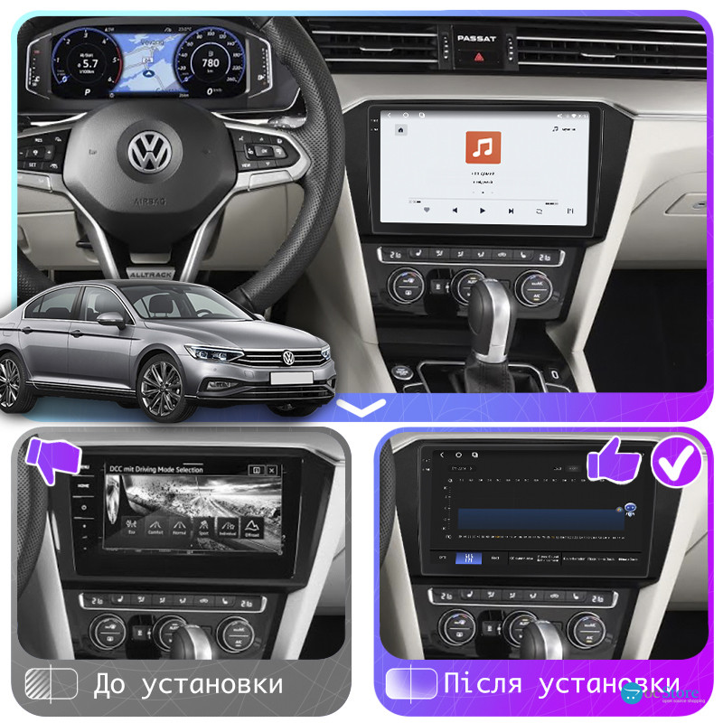Штатная магнитола Lesko для Volkswagen Passat B8 Рестайлинг 2019-н.в. экран 10" 4/64 QLED CarPlay 4G Wi-Fi GPS 360 Prime