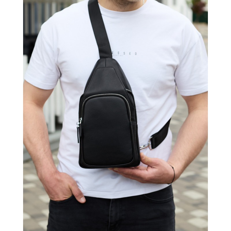 Чоловіча сумка з натуральної шкіри 18х31х7, бананка через плече Tiding Bag 34091 чорна