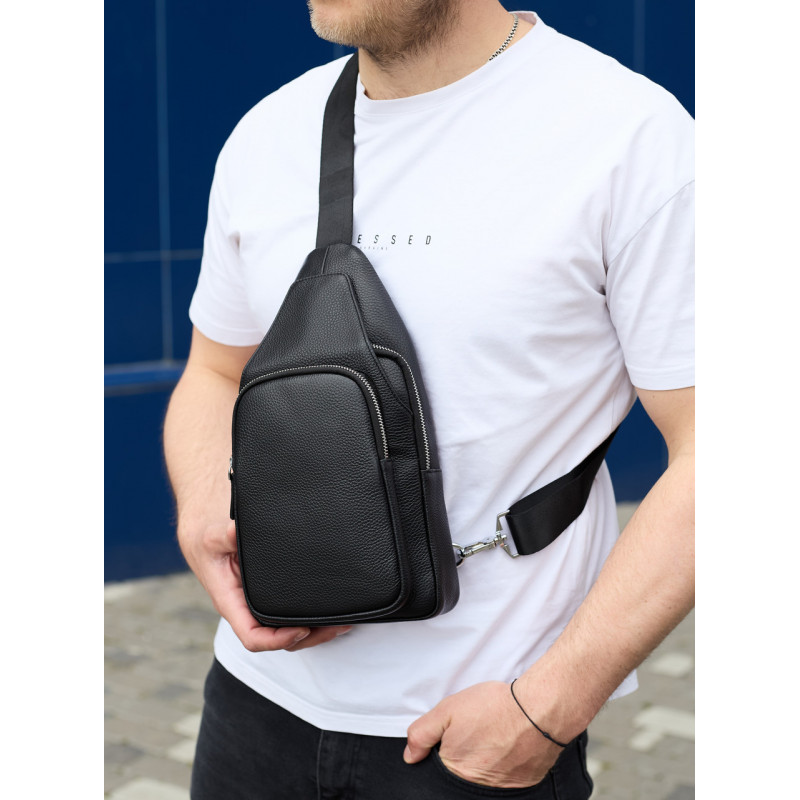 Чоловіча сумка з натуральної шкіри 18х31х7, бананка через плече Tiding Bag 34091 чорна