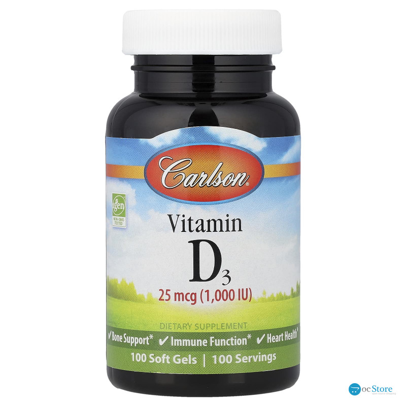 Вітамін D3, Vitamin D3, Carlson, 25 мкг (1000 МО), 100 гелевих капсул