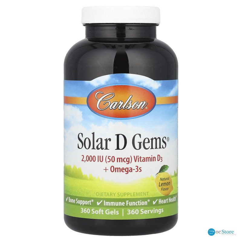 Вітамін D3+ Омега-3, Solar D Gems, Carlson, смак лимона, 360 гелевих капсул