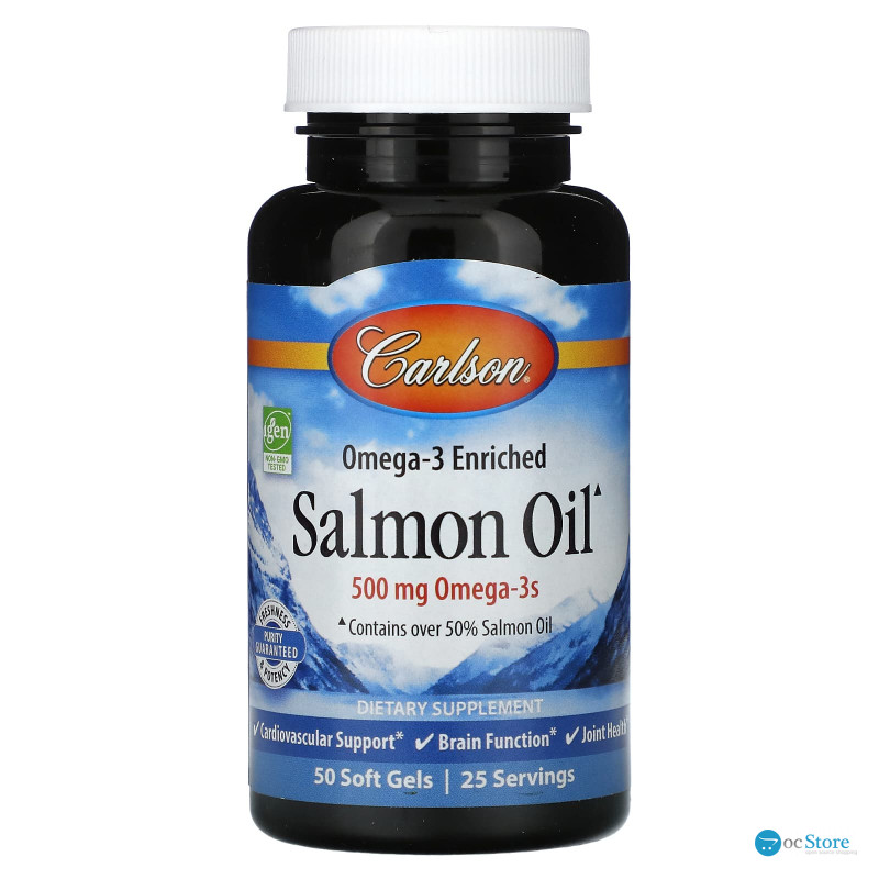 Олія лосося, Омега-3, Omega-3 Enriched Salmon Oil, Carlson, норвезька, 250 мг, 50 гелевих капсул