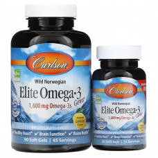 Омега-3, Elite Omega-3, Carlson, смак лимона, норвезька, 1600 мг, 90+30 гелевих капсул (800 мг на 1 капсулу)