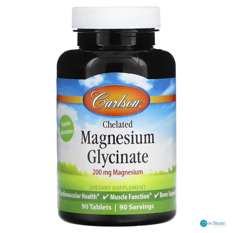 Магній гліцинат хелат, Chelated Magnesium Glycinate, Carlson, 200 мг, 90 таблеток