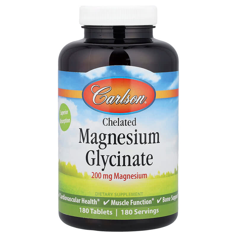 Магній гліцинат хелатний, Chelated Magnesium Glycinate, Carlson, 200 мг, 180 таблеток
