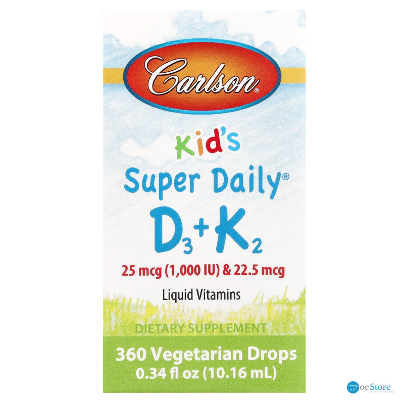 Вітамін D3 і вітамін К-2, для дітей, Super Daily D3 + K2, Carlson, рідина, 25 мкг (1000 МО) і 22,5 мкг, 10,16 мл
