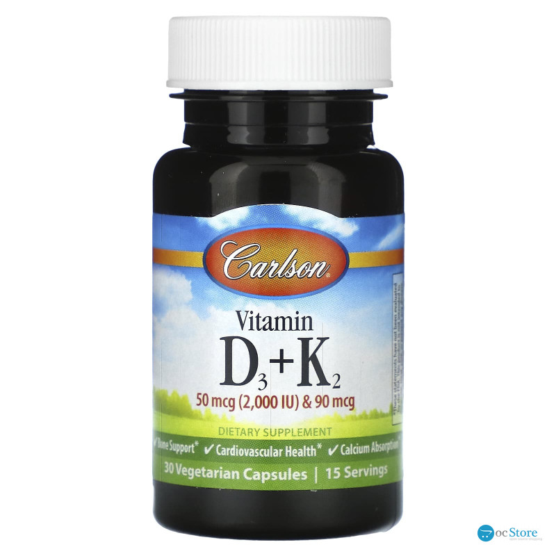 Вітамін D3 і К2, Vitamin D3 + K2, Carlson, 30 вегетаріанських капсул