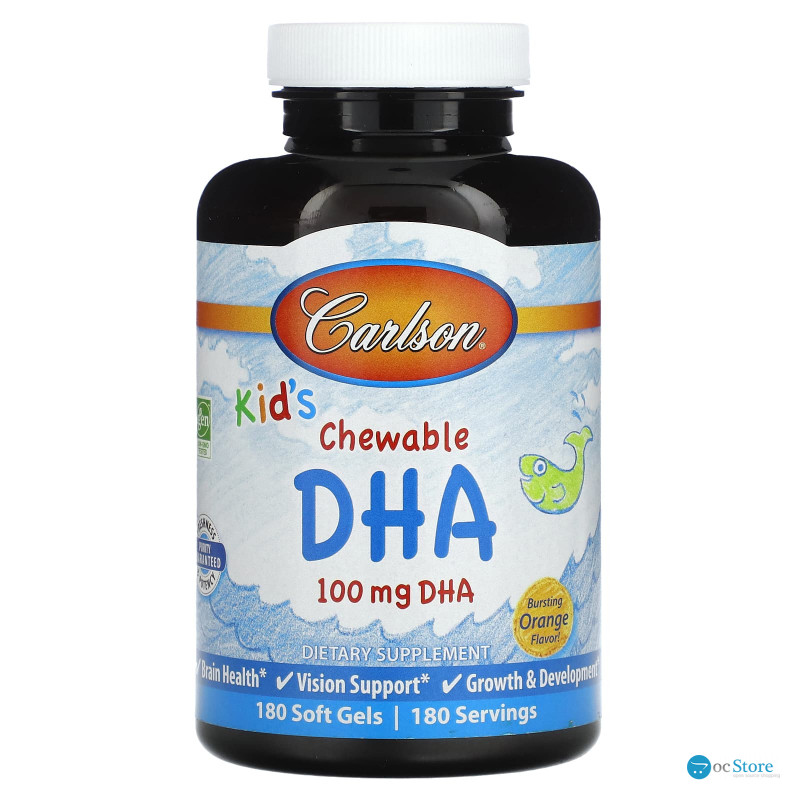 Риб'ячий жир для дітей, Kids Chewable DHA, Carlson, апельсин, 100 мг, 180 жувальних гелевих капсул