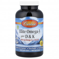 Омега 3 + вітамін D3 та вітамін К, Elite Omega-3 Plus D&K, Carlson, натуральний лимон, 180 гелевих капсул