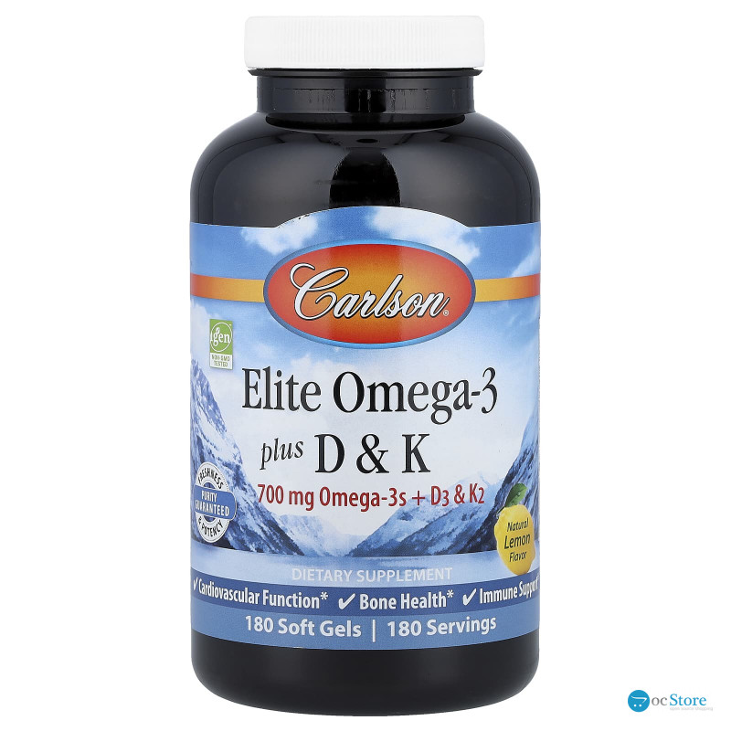 Омега 3 + вітамін D3 та вітамін К, Elite Omega-3 Plus D&K, Carlson, натуральний лимон, 180 гелевих капсул