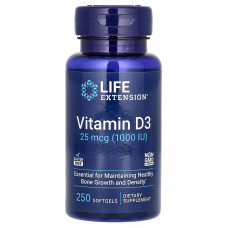Вітамін D3, Vitamin D3, Life Extension, 25 мкг (1000 МО), 250 гелевих капсул