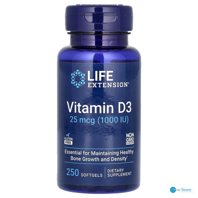 Вітамін D3, Vitamin D3, Life Extension, 25 мкг (1000 МО), 250 гелевих капсул