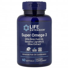 Омега-3, Super Omega-3, Life Extension, риб'ячий жир EPA/DHA, лігнани кунжуту та екстракт оливок, 60 гелевих капсул